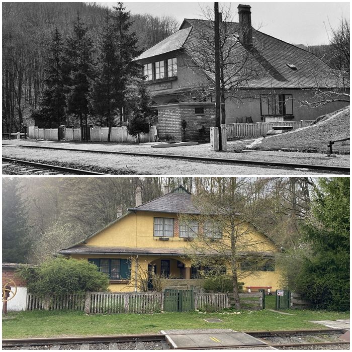A Porva-Cseszneken, a vasútállomással szemben álló egykori vendégház 1969-ben és 2024-ben 
