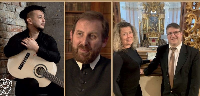 A zirci Szent Bernát Nap keretében koncertet ad Kapitány Dénes és G. Noé Judit (jobbról), majd Palásti Máté gitárművész (balról). Huszár Lőrinc atya (középen) ezüstmiséjét délelőtt hallgathatjuk meg