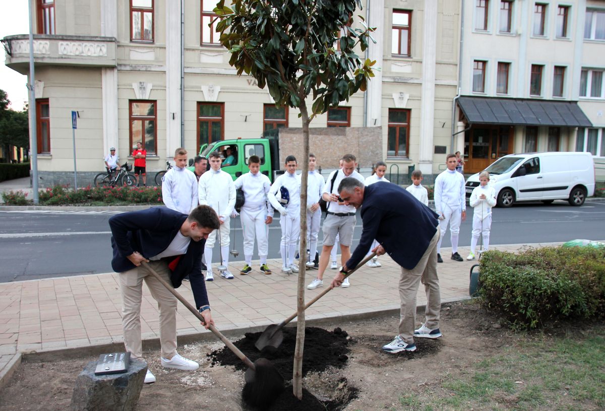 Siklósi Gergely olimpiai bajnok szombaton este fát ültetett Tapolcán a Hősök terén, Bozkó Gábor segítségével 