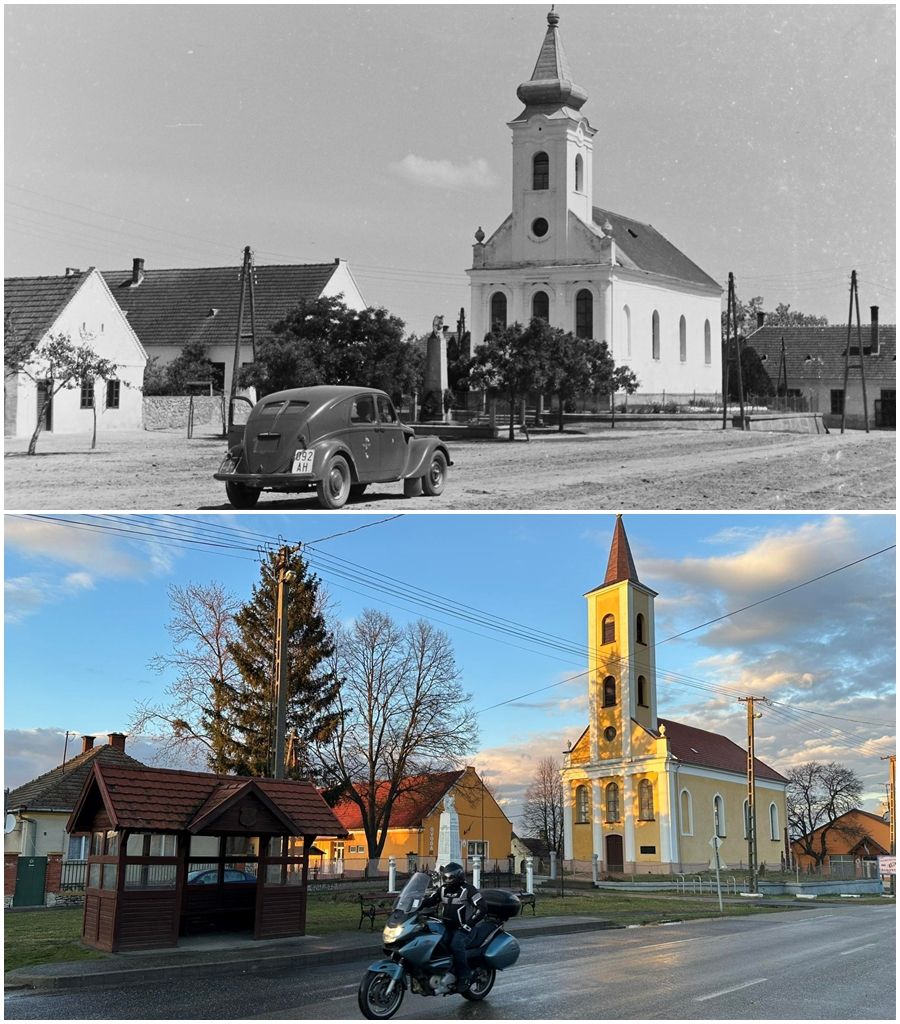 Boldogság a Bakonyban egykor és ma – A bakonytamási evangélikus templom és a világháborús emlékmű 83 év különbséggel, 1941-ben és 2024-ben. A tavalyi képet a bakonytamási evangélikus lelkész, Szakos Csaba készítette.