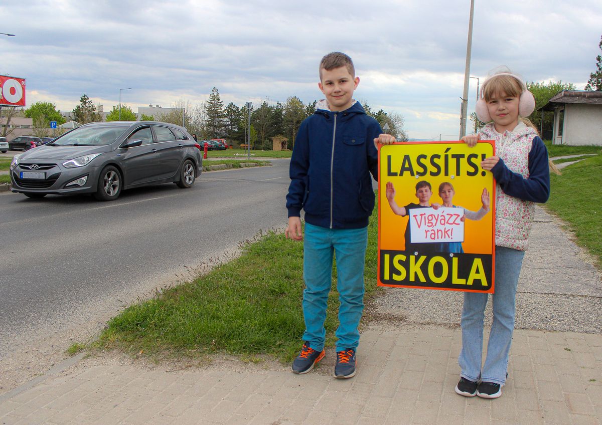 Egyedi közlekedési táblák – az iskola két diákja, Székely-Gálffy Dániel és Boros Veronika látható a táblákon Fotó: Szabó Péter Dániel