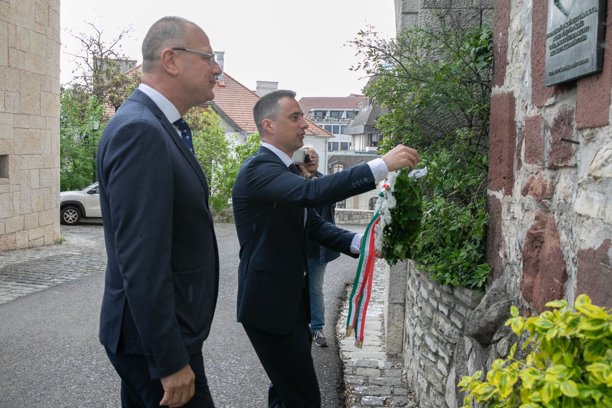 Navracsics Tibor közigazgatási és területfejlesztési miniszter, valamint Ovádi Péter országgyűlési képviselő helyezett el koszorút az emléktáblánál a veszprémi várban