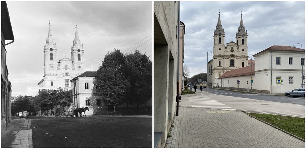 Zirc központja a 40-lakásos felépítése előtt és utána.