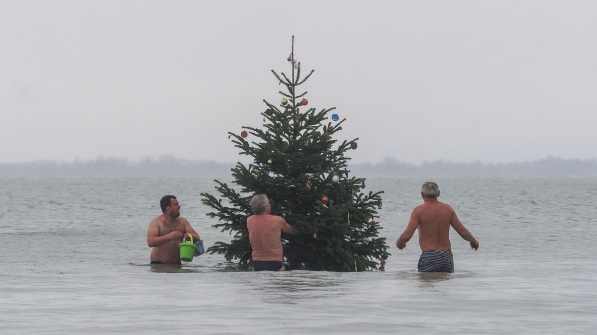 Lovas kocsin érkezett a Balaton medrében felállított karácsonyfa (galéria)