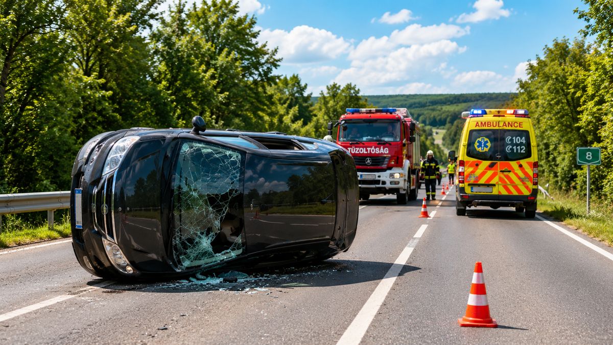Oldalára borult egy autó Tótvázsony közelében, mentők is a helyszínre siettek