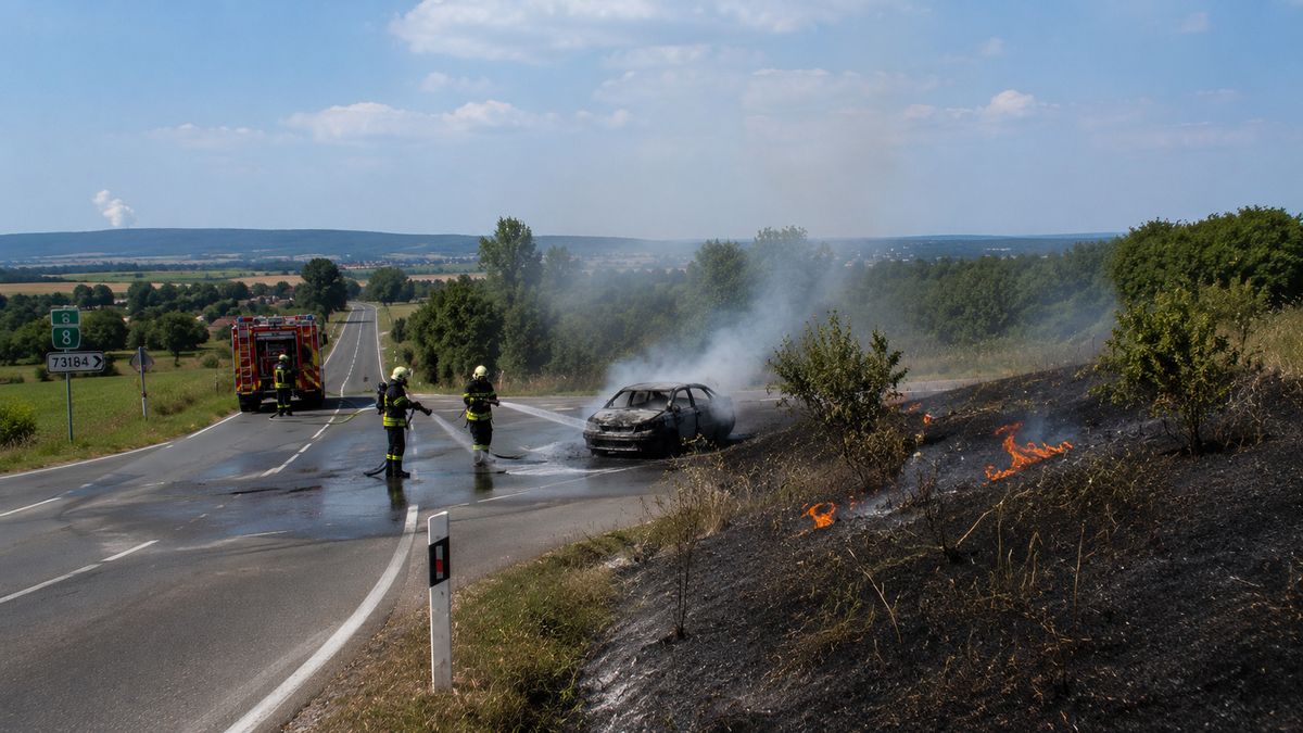 Lángba borult egy autó a 8-as főút közelében, a tűz a száraz fűre is átterjedt