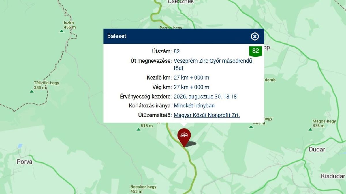 Baleset a 82-es főúton: félpályás útlezárás Zirc és Csesznek között